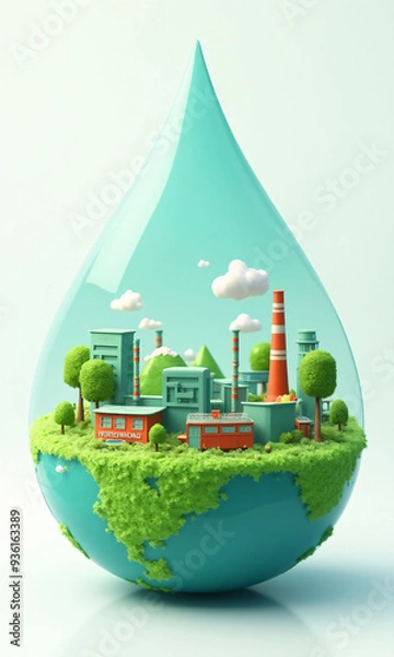 Fototapeta Envision a water droplet shape where the bottom half represents the Earth, and the upper half symbolizes a world powered by green energy, epitomizing environmental friendliness and sustainability.