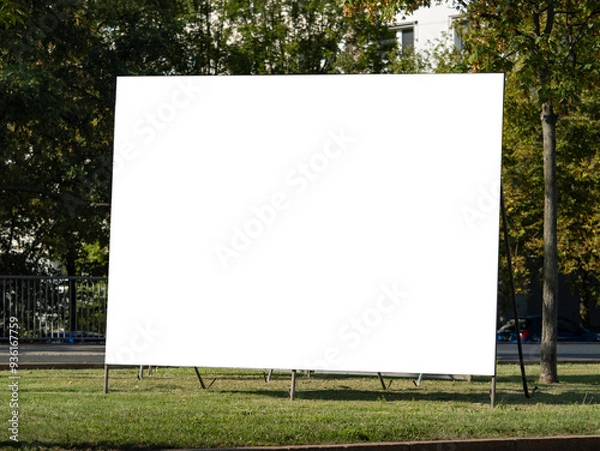 Fototapeta Blank billboard for advertisement template. Empty poster mockup on a mobile frame located in a city area. Copy space for testing a marketing campaign.