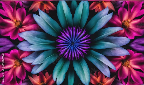 Fototapeta A large teal flower with a purple center is surrounded by pink and red flowers