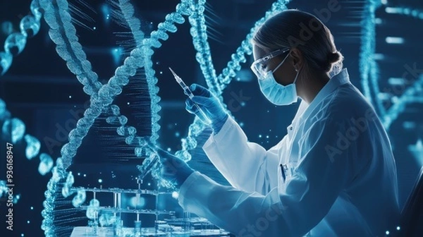 Fototapeta A scientist wearing protective gear analyzes DNA strands in a high-tech laboratory, highlighting advanced genetic research and biotechnology..