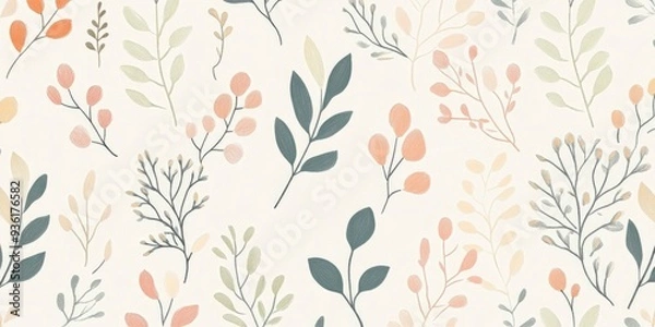 Fototapeta Hand-drawn seamless pattern of pastel-colored leaves and small flowers, creating a whimsical and fresh aesthetic