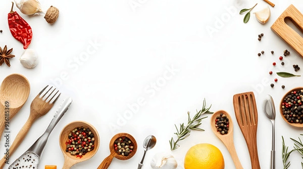 Obraz Flat lay of cooking utensils and spices on blank background, ideal for culinary or recipe content