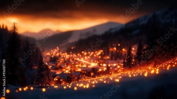 Fototapeta A serene winter night illuminated by glowing lights, showcasing a picturesque valley surrounded by mountains at sunset.