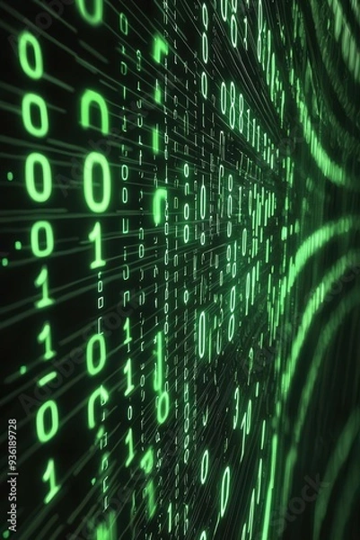 Fototapeta Binary digits flowing on a green-tinted dark background, tech-inspired, subtle glow, side angle, digital cyber art