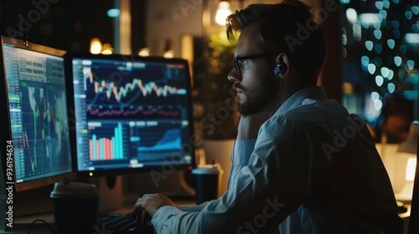 Fototapeta An investment bank analyst works at a computer with a multi-monitor workstation, analyzing real-time stocks, commodities, and exchange market charts.