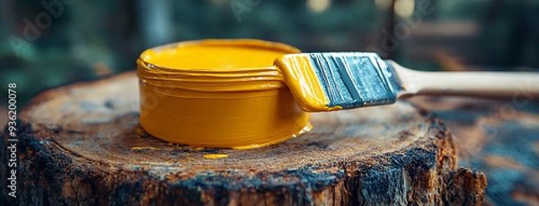 Fototapeta wide closeup photo of yellow color paint pot and paint brush on a natural tree log 