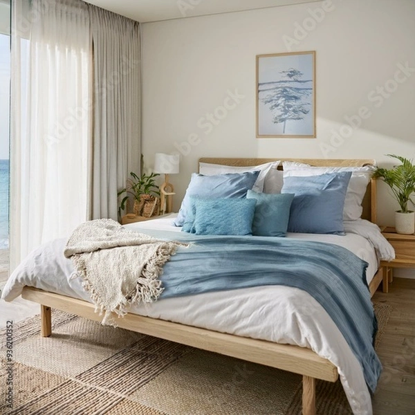 Obraz Home mockup, simple cozy Coastal bedroom interior background, 3d render
