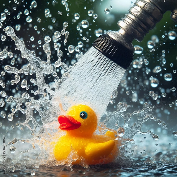Fototapeta Whimsical rubber duck floats on a serene pond amidst a magical, sunlit  glade