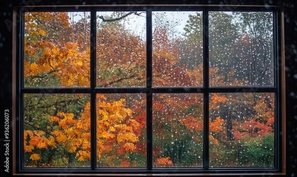 Fototapeta View from the large window on misty autumn landscape