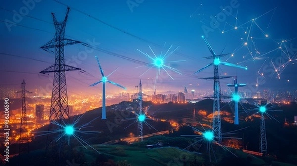 Obraz 50. A large-scale energy grid with interconnected renewable energy sources and smart grid technology