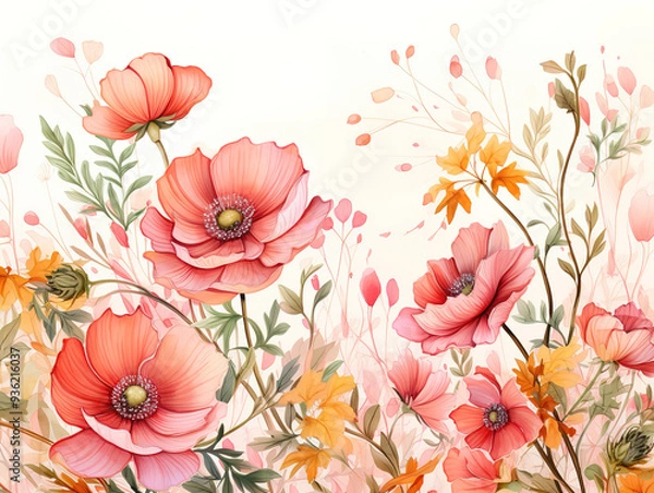 Fototapeta Eyecatching Digital drawing of nature floral background with beautiful flowers painting on paper