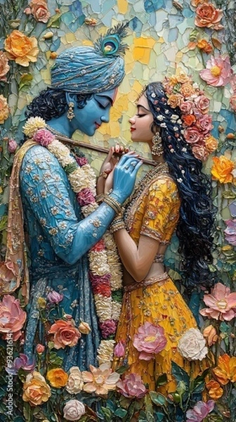 Obraz Lord Krishna and Radha in an enchanting garden. Lord Krishna in blue colour should be depicted playing the flute painting. 