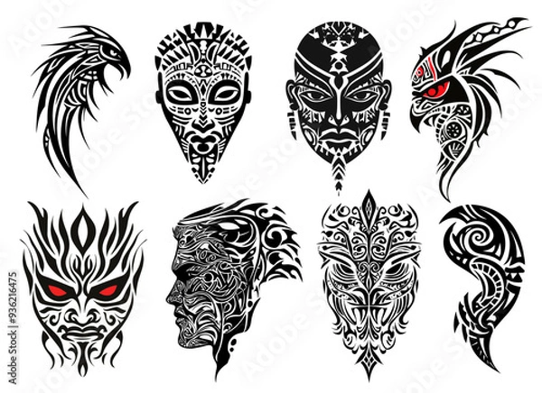 Fototapeta Vector tribal tattoo mask set. Highly detailed collection of ethnic style facial expressions, and abstract bird illustrations.