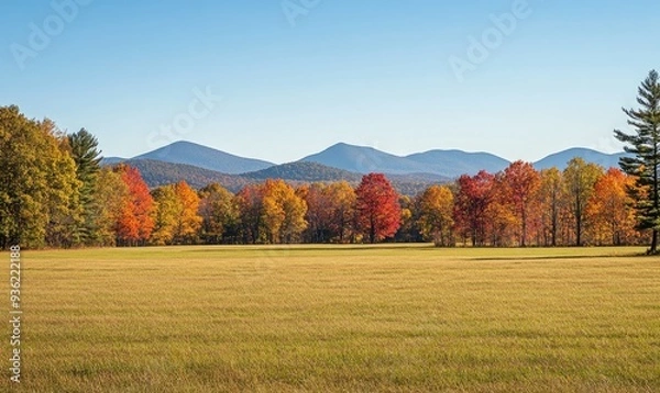 Fototapeta Tranquil fall landscape, open field, colorful trees