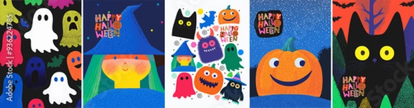 Obraz Happy Halloween. Vector cute childish naive illustrations of characters, pumpkin, black cat, ghost, pattern, witch, logo for greeting card, poster, flyer or background
