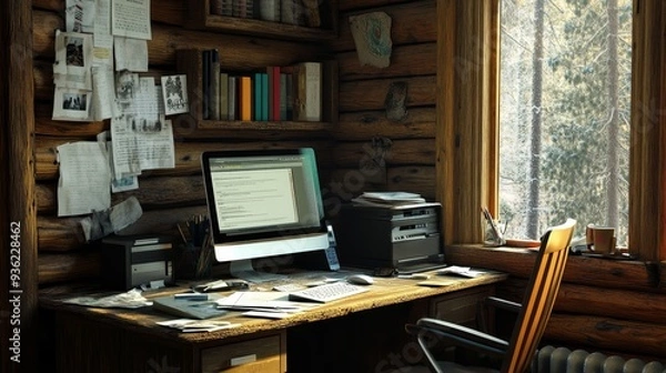 Fototapeta A wooden desk with a computer monitor and a chair with a plaid blanket on it