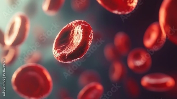 Fototapeta A close up of red blood cells with a red blood cell in the center