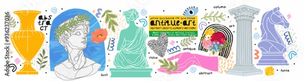 Obraz Art objects for the exhibition of classical antique and modern painting, sculpture and music. Line illustrations, plaster bust, statue, column, line, column, vase, horse chess pieceand abstract forms