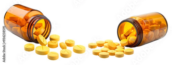Obraz High-resolution PNG image of a bottle of vitamin C supplements with a few tablets scattered around, isolated on a white background