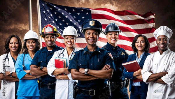 Obraz Emotional portrait of diverse professionals and American flag waving in the background. Pride and dedication of the American workforce, celebrating the diversity and unity across various professions