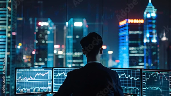 Fototapeta Finance trade manager analyzing stock market indicators, financial data, and charts in a digital 
