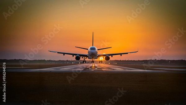 Fototapeta Airplane Landing at Sunset with Vibrant Orange Sky. Commercial Jet Touchdown on Runway. Footage of a jet landing during a striking sunset with a glowing orange sky, capturing the moment of touchdown o