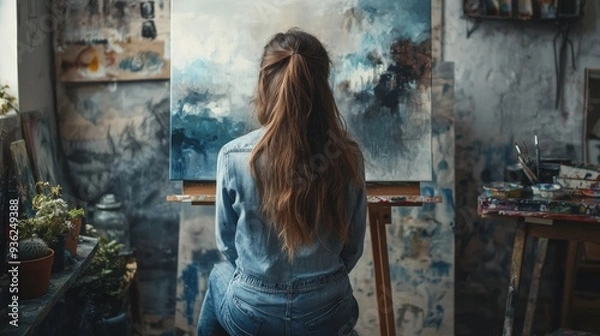 Fototapeta Long-haired artist in casual attire sits at easel in studio.