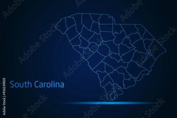 Fototapeta Abstract High Detailed Glow Blue Map on Dark Background of Map of South Carolina symbol for your web site design map logo, app, Travel. Vector illustration eps 10.	
