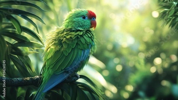 Fototapeta A colorful parrot is perched on a branch in a lush green forest
