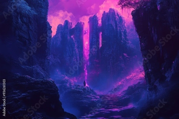 Obraz A lone figure stands on a rocky path illuminated by a pink glow in a mystical landscape