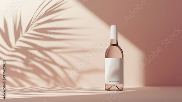 Fototapeta Rose wine bottle standing on table with palm leaf shadow