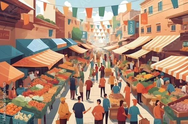 Obraz Cartoon-style vector illustration of a busy market scene