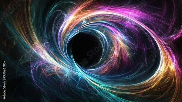 Obraz Colorful swirling vortex of energy with luminous trails in deep space representing cosmic phenomena and dark matter dynamics