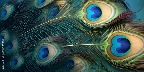 Fototapeta Peacock Feathers Close Up, Vivid Colors and Detailed Texture, Copy Space