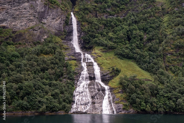 Fototapeta View of a small waterfall over the Lysefjord, a fjord in Norway.