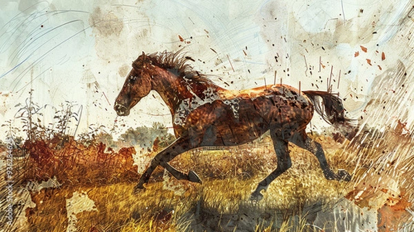 Fototapeta Running stallion in the meadow capturing
