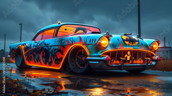 Fototapeta retro car decorated with halloween attributes. pumpkins, jack-o-lanterns, bats. horizontal banner