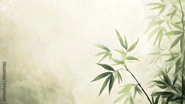 Fototapeta Minimalist Illustration of Serene Bamboo Leaves Swaying in the Breeze Against an Abstract Background, with Empty Space on the Side
