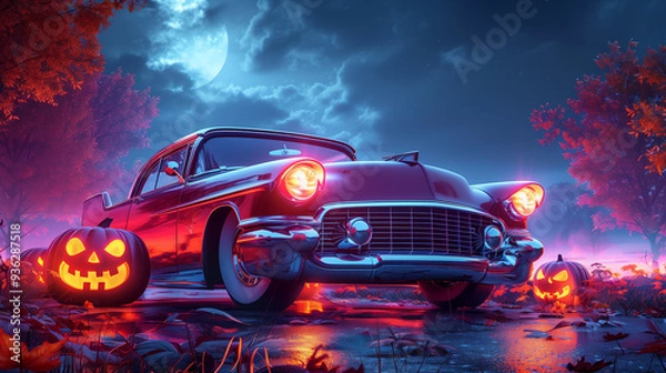 Fototapeta retro car decorated with halloween attributes. pumpkins, jack-o-lanterns, bats. horizontal banner