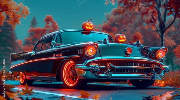 Fototapeta retro car decorated with halloween attributes. pumpkins, jack-o-lanterns, bats. horizontal banner