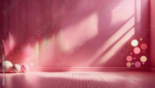 Obraz Wall interior background, studio and backdrops show products. with shadow from window color pink background