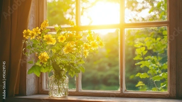 Fototapeta   A vase filled with yellow flowers sits atop a window sill, framing a beautiful view through the adjacent window