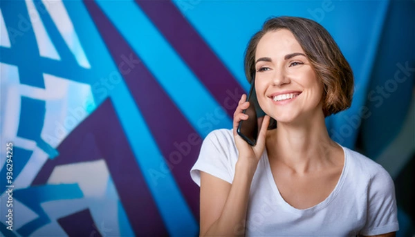Fototapeta Woman in front of a blue graphic structured background is talking on a smartphone