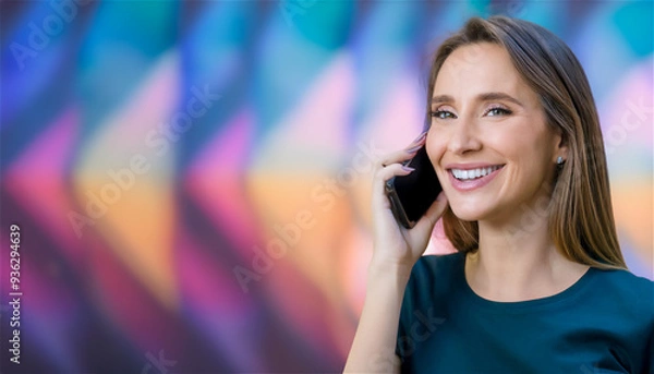Fototapeta Woman of middle age talking at a smartphone in front of a colorful background