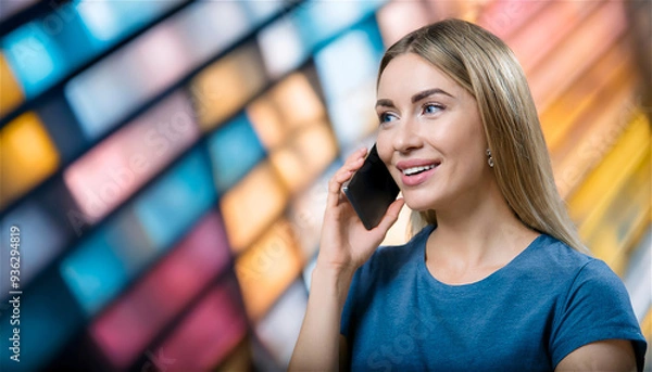 Fototapeta Woman with smartphone in front of a colorful glas facade