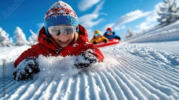 Fototapeta A joyful child sledding down a snowy hill, enjoying a bright winter day with friends in the background, showcasing winter fun.