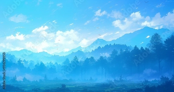 Obraz A vast forest landscape, a blue sky, and morning mist create an anime-inspired aesthetic