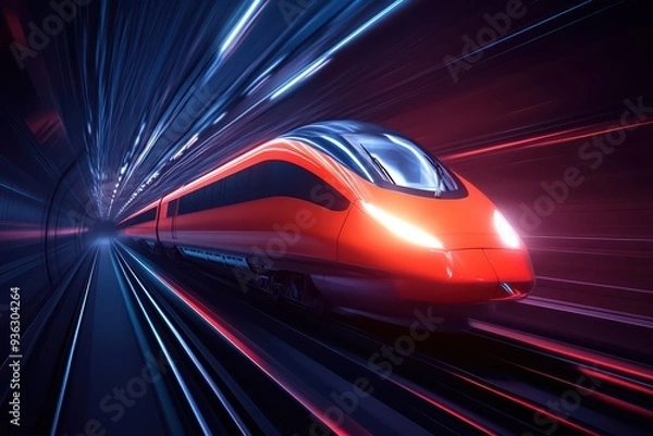 Fototapeta A futuristic train speeding through a vibrant, illuminated tunnel, showcasing advanced technology and dynamic motion.