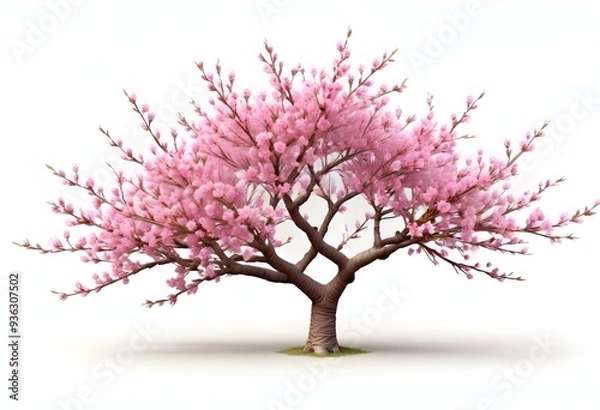Obraz A pink cherry blossom tree and branches with delicate pink flowers blooming against a warm neutral  white background