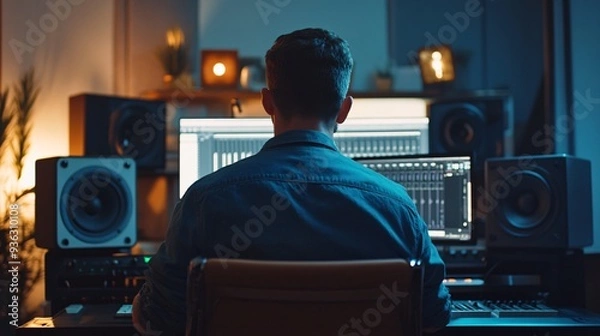 Fototapeta A music studio owner reviewing audio tracks on a computer in a modern studio, with bright lighting and ample copy space